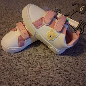 Disney White and Pink Velcro Kids Sneakers with Bear Accent